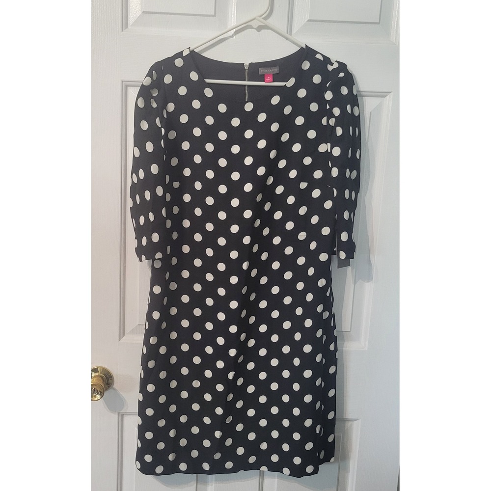 Vince Camuto Shift Dress 10 Black NWT Polka Dot 3/4 Sleeve Classic Wedding Guest